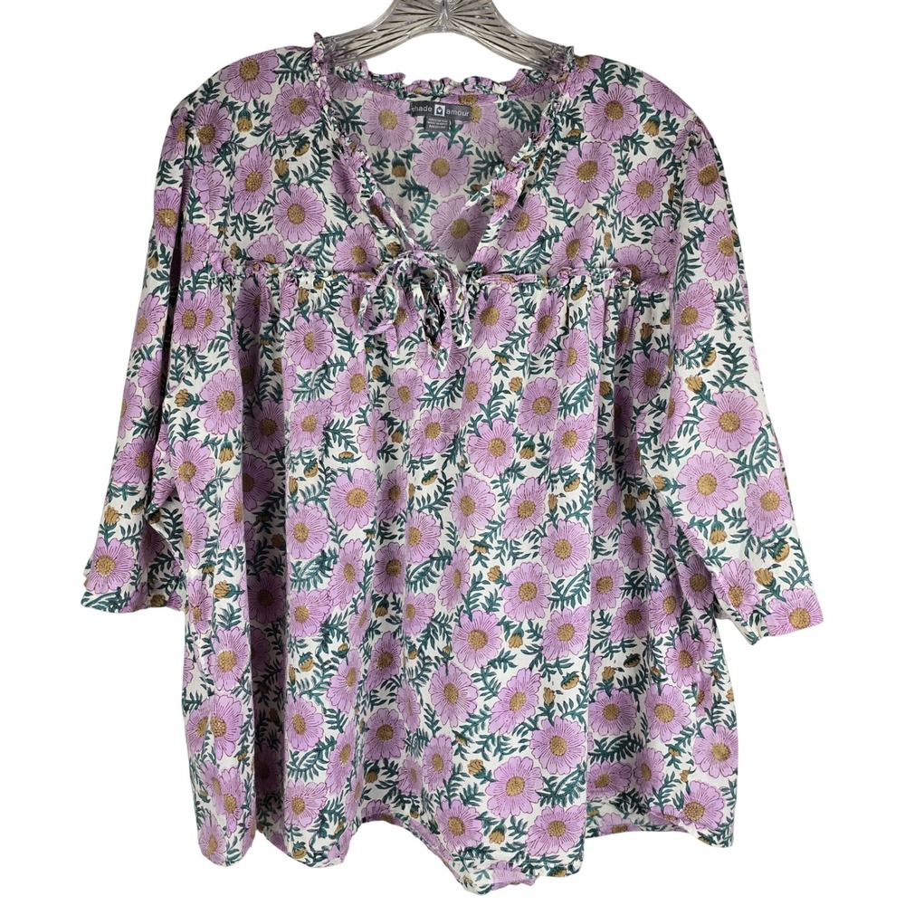 Shade & Amour 100%‎ Cotton Floral Peasant Blouse Purple Pink Medium Boho